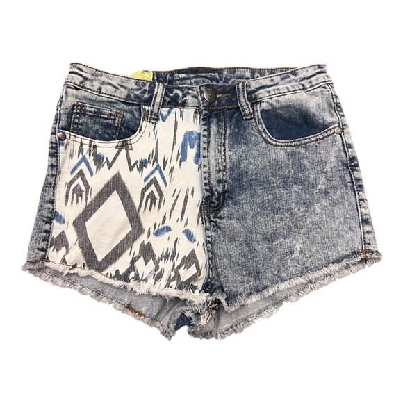Machine Y2K High Rise Raw Hem Mini Denim Shorts Acid Wash Southwest Aztec - Picture 8 of 8